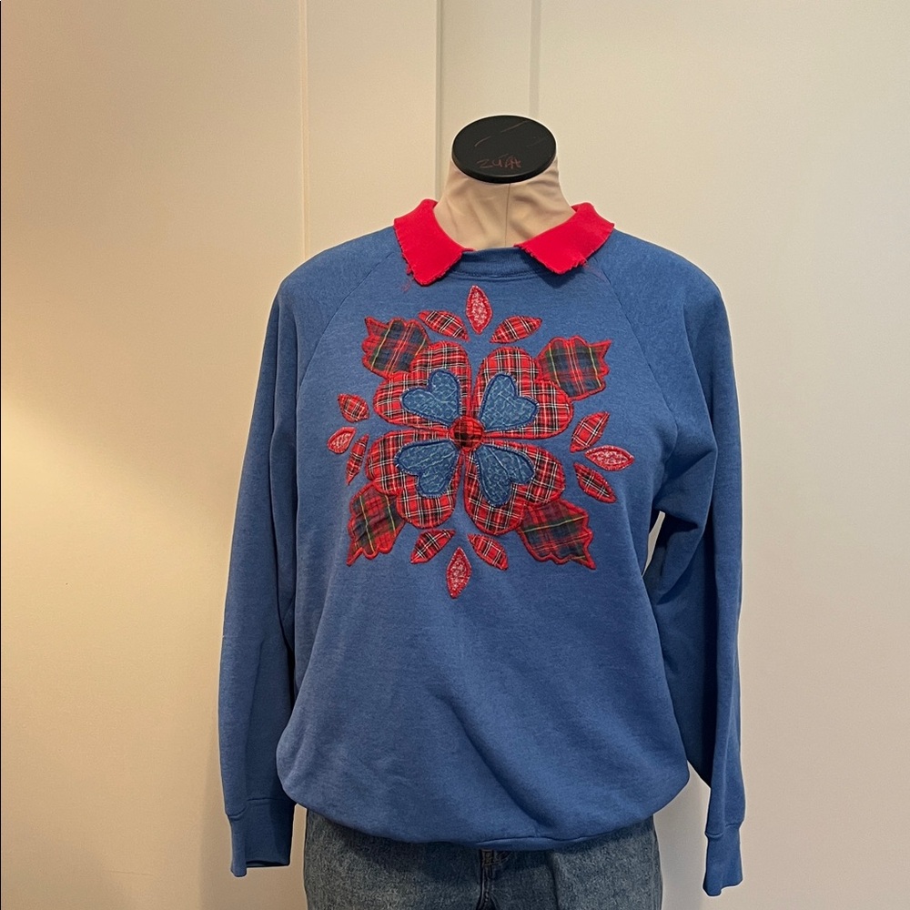 Vintage Blue Sweater with Red Plaid Appliqué and Red Collar